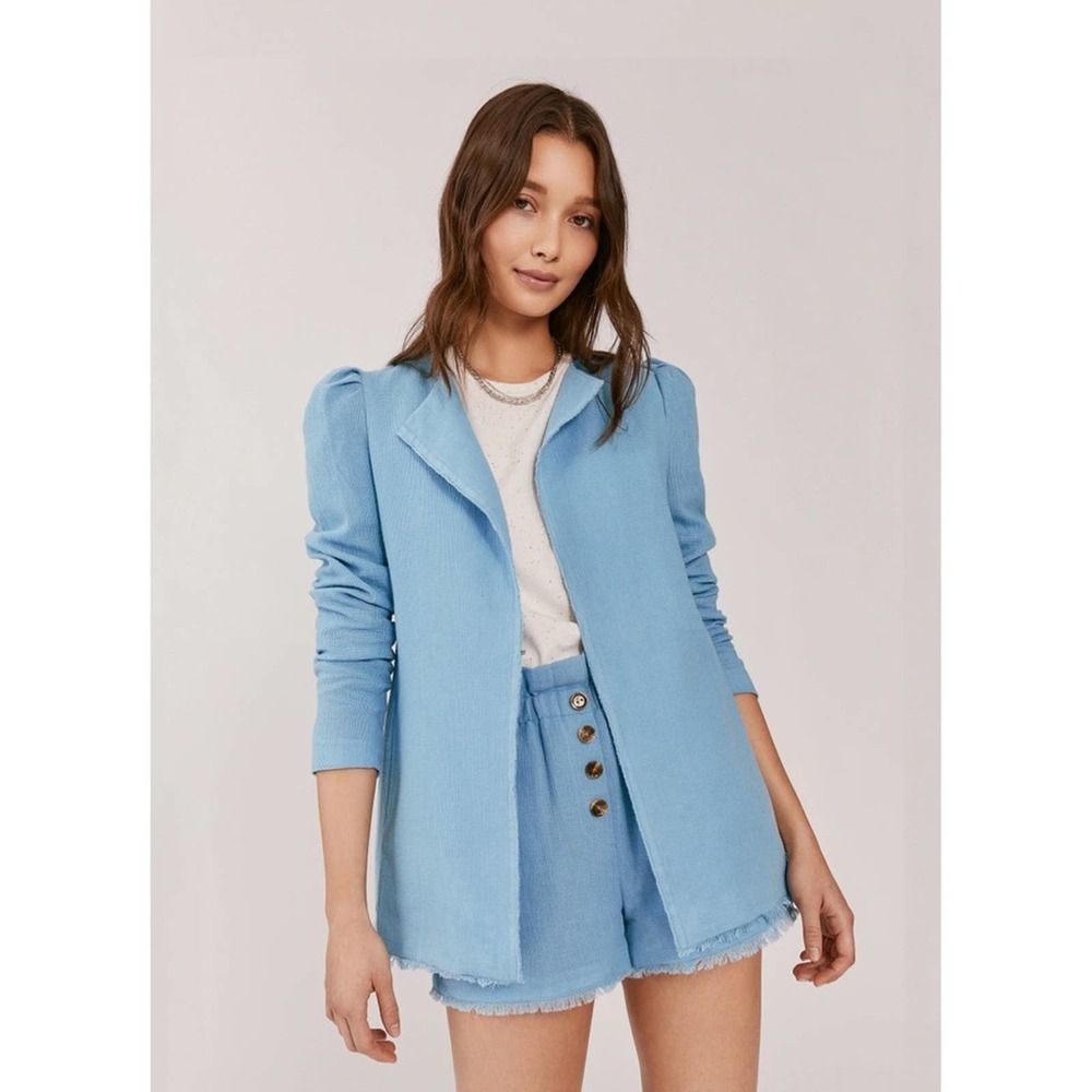 Something Navy Blue Open Front Blazer Coat Cotton Linen Blend Raw Hem Seam SizeM